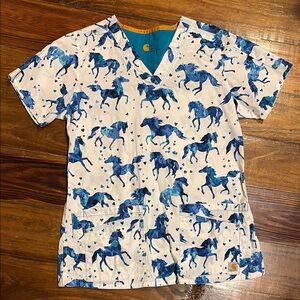 Carhartt Blue Horse Print Scrub Top